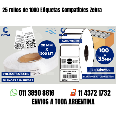 25 rollos de 1000 Etiquetas Compatibles Zebra 