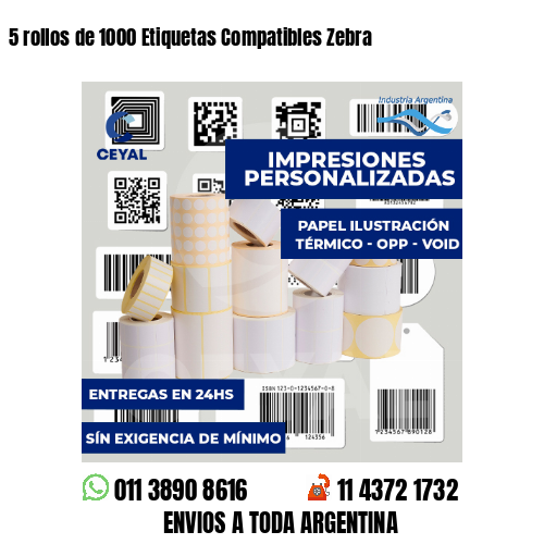 5 rollos de 1000 Etiquetas Compatibles Zebra 