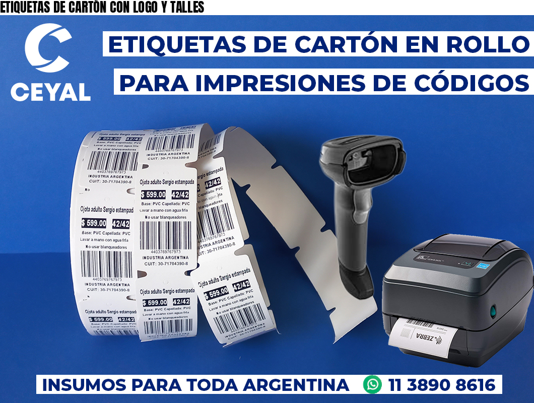 ETIQUETAS DE CARTÓN CON LOGO Y TALLES