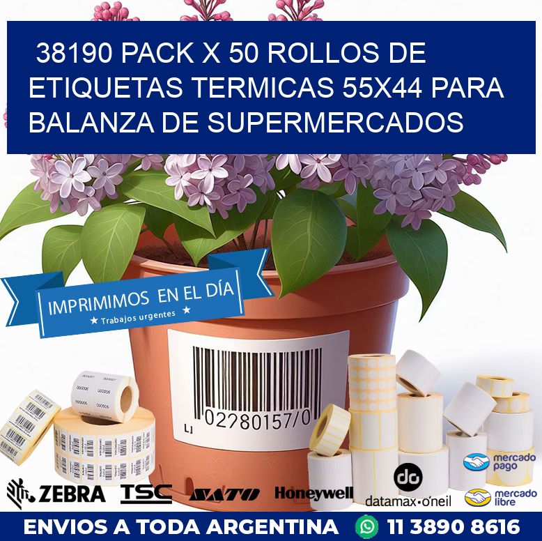38190 PACK X 50 ROLLOS DE ETIQUETAS TERMICAS 55X44 PARA BALANZA DE SUPERMERCADOS