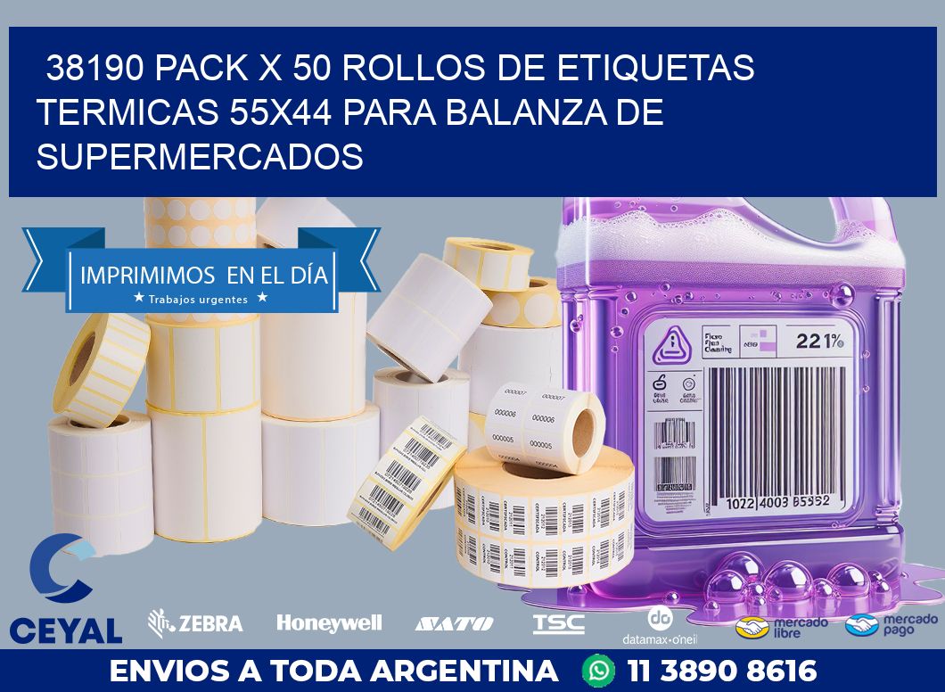 38190 PACK X 50 ROLLOS DE ETIQUETAS TERMICAS 55X44 PARA BALANZA DE SUPERMERCADOS
