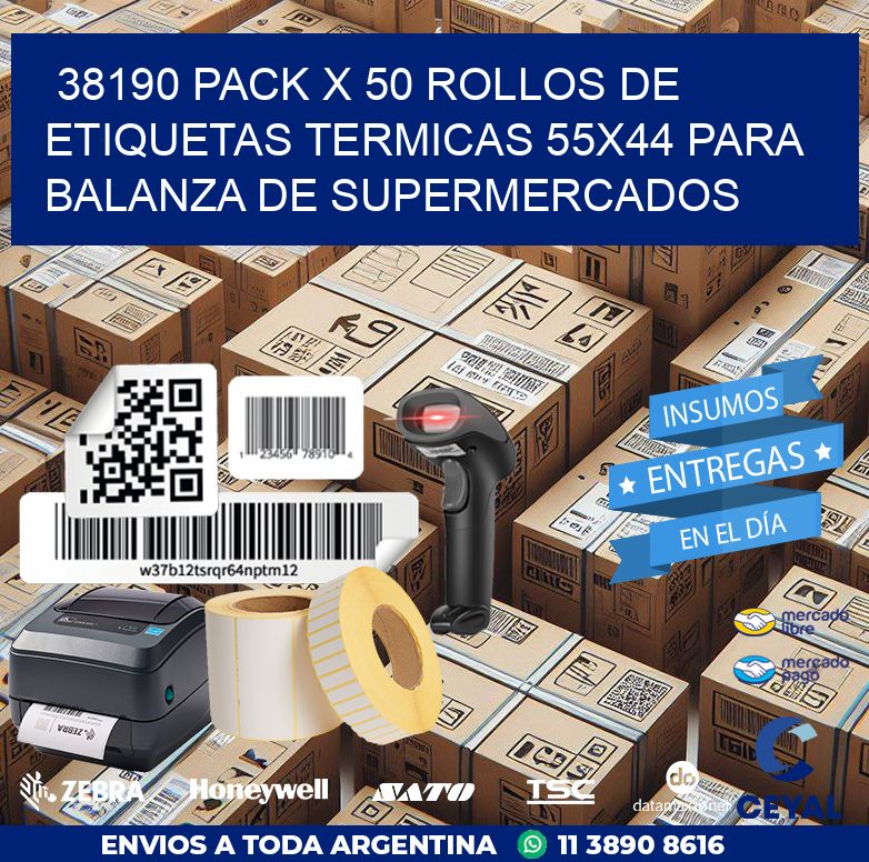38190 PACK X 50 ROLLOS DE ETIQUETAS TERMICAS 55X44 PARA BALANZA DE SUPERMERCADOS