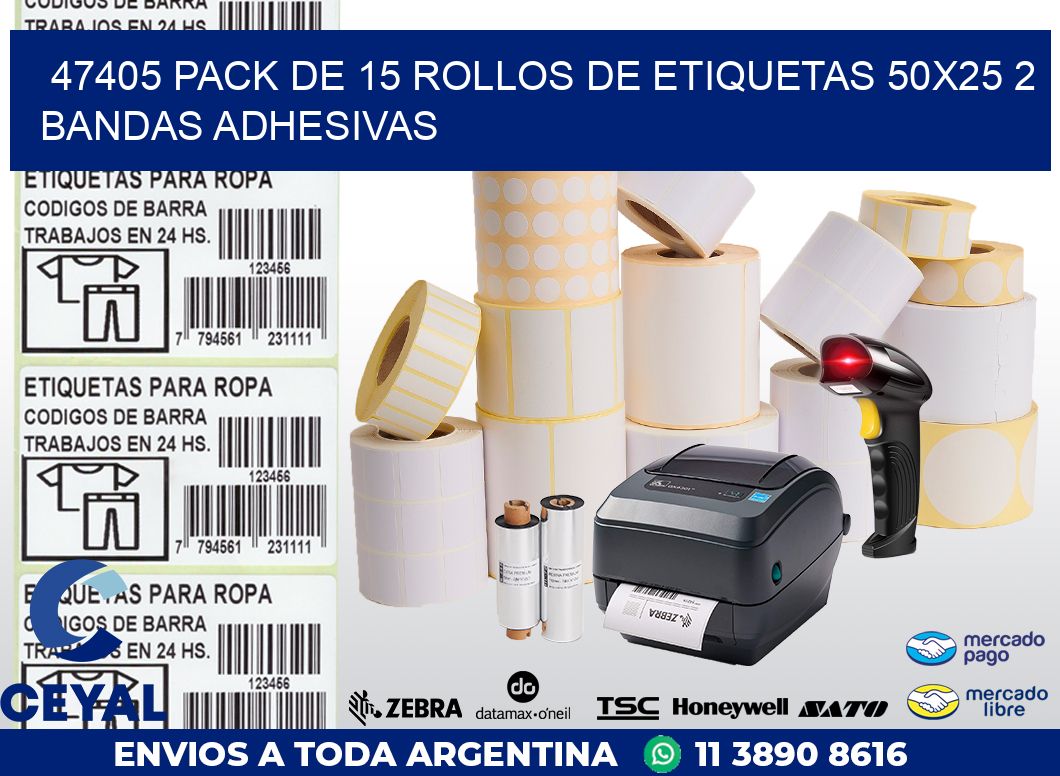 47405 PACK DE 15 ROLLOS DE ETIQUETAS 50X25 2 BANDAS ADHESIVAS