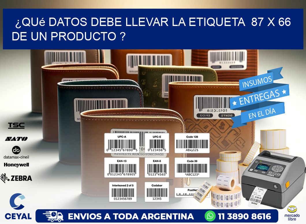 ¿Qué datos debe llevar la etiqueta  87 x 66 de un producto ?