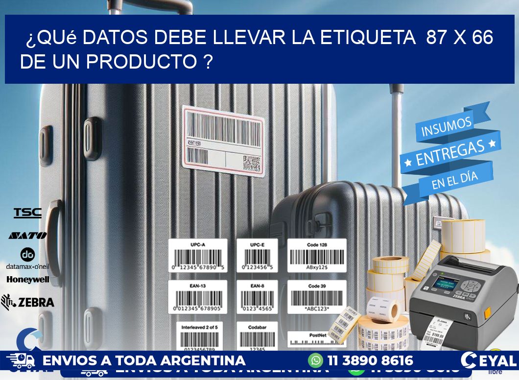 ¿Qué datos debe llevar la etiqueta  87 x 66 de un producto ?
