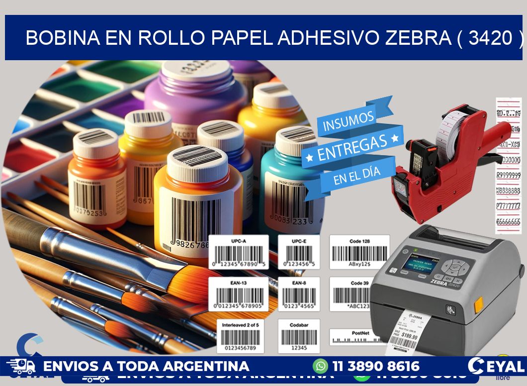BOBINA EN ROLLO PAPEL ADHESIVO ZEBRA ( 3420 )