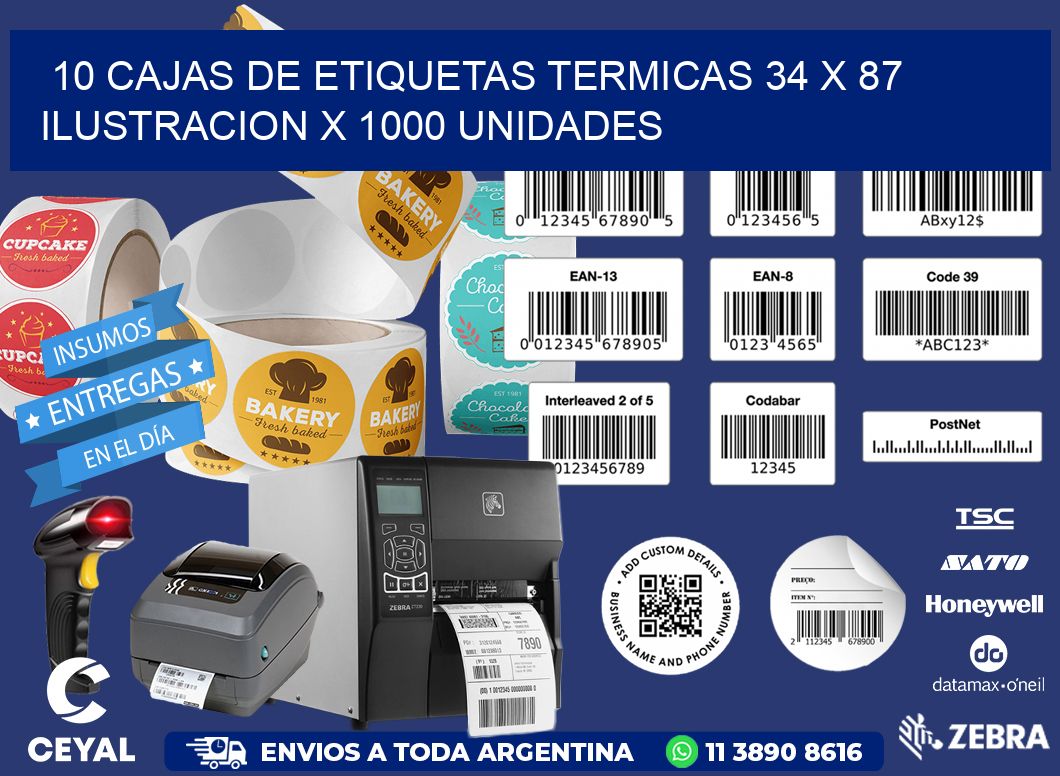 10 CAJAS DE ETIQUETAS TERMICAS 34 x 87 ILUSTRACION X 1000 UNIDADES