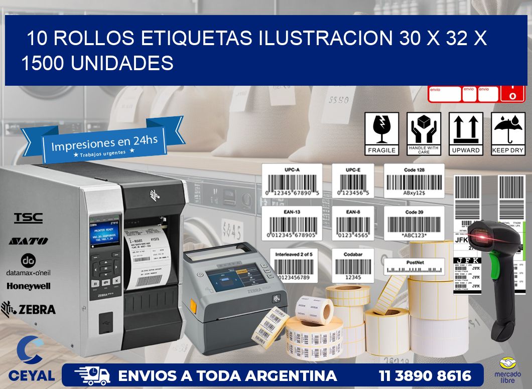 10 ROLLOS ETIQUETAS ILUSTRACION 30 x 32 X 1500 UNIDADES