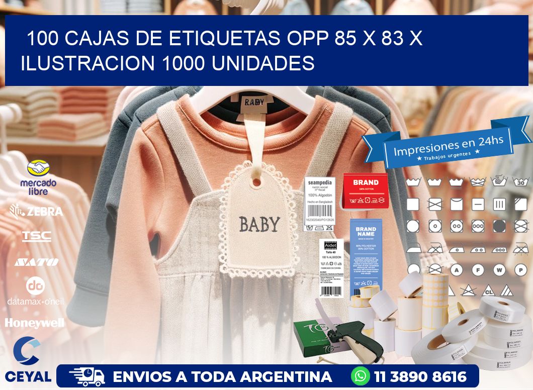100 CAJAS DE ETIQUETAS OPP 85 x 83 X ILUSTRACION 1000 UNIDADES