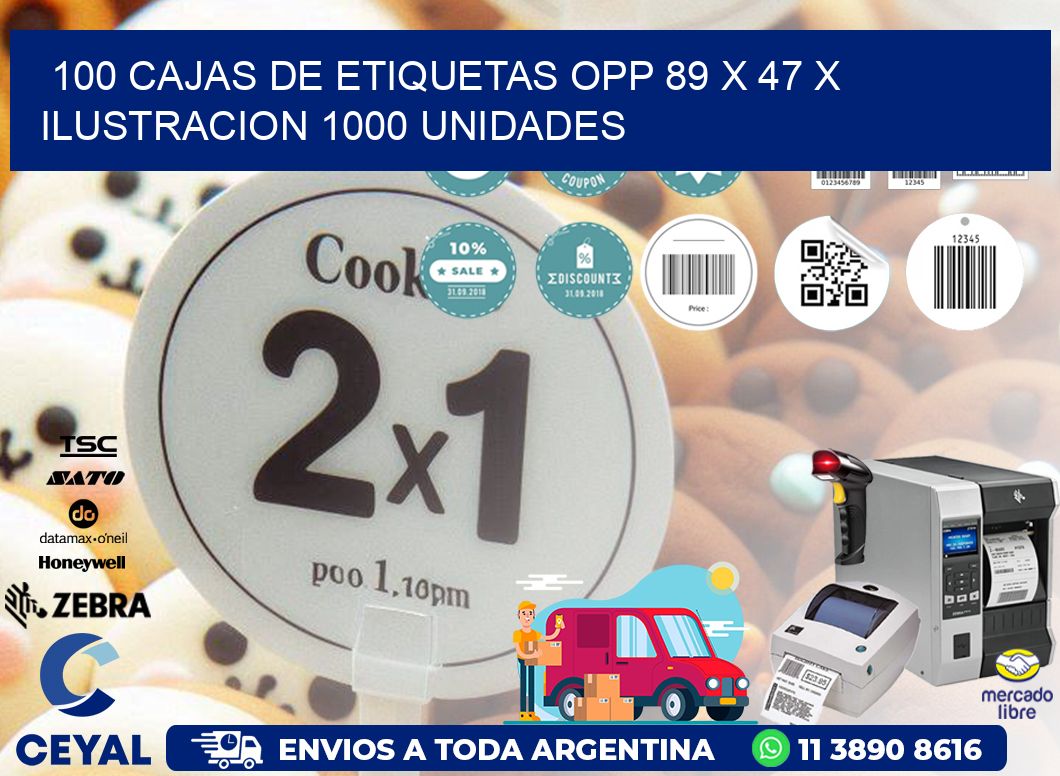 100 CAJAS DE ETIQUETAS OPP 89 x 47 X ILUSTRACION 1000 UNIDADES