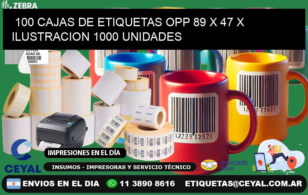 100 CAJAS DE ETIQUETAS OPP 89 x 47 X ILUSTRACION 1000 UNIDADES