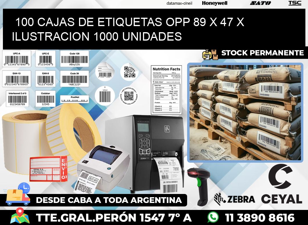 100 CAJAS DE ETIQUETAS OPP 89 x 47 X ILUSTRACION 1000 UNIDADES