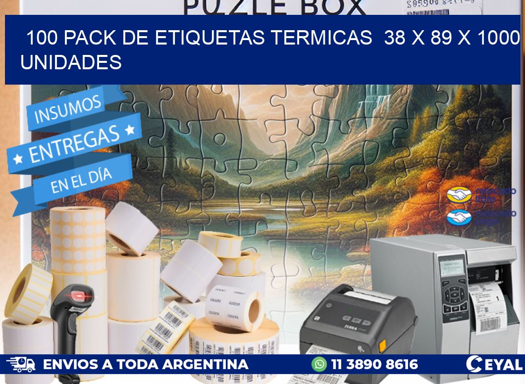 100 PACK DE ETIQUETAS TERMICAS  38 x 89 X 1000 UNIDADES