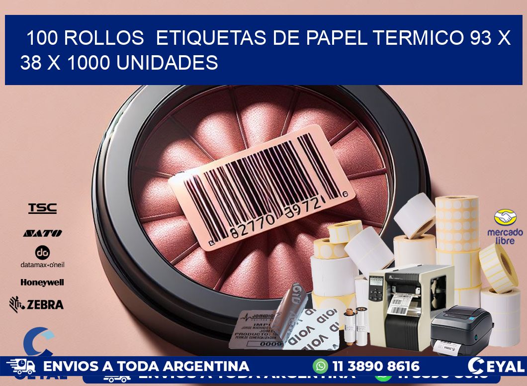 100 ROLLOS  ETIQUETAS DE PAPEL TERMICO 93 x 38 X 1000 UNIDADES