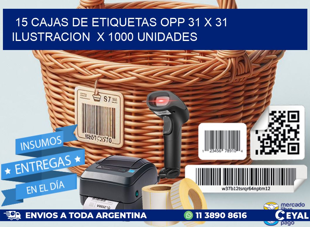 15 CAJAS DE ETIQUETAS OPP 31 x 31 ILUSTRACION  X 1000 UNIDADES