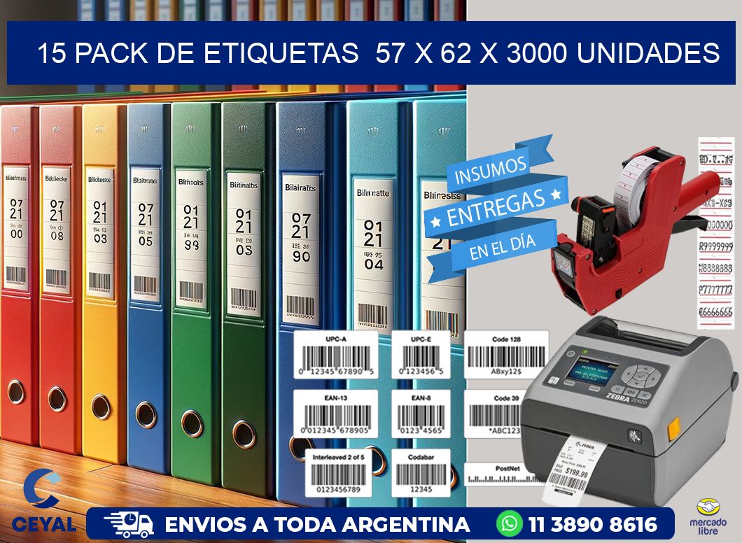 15 PACK DE ETIQUETAS  57 x 62 X 3000 UNIDADES