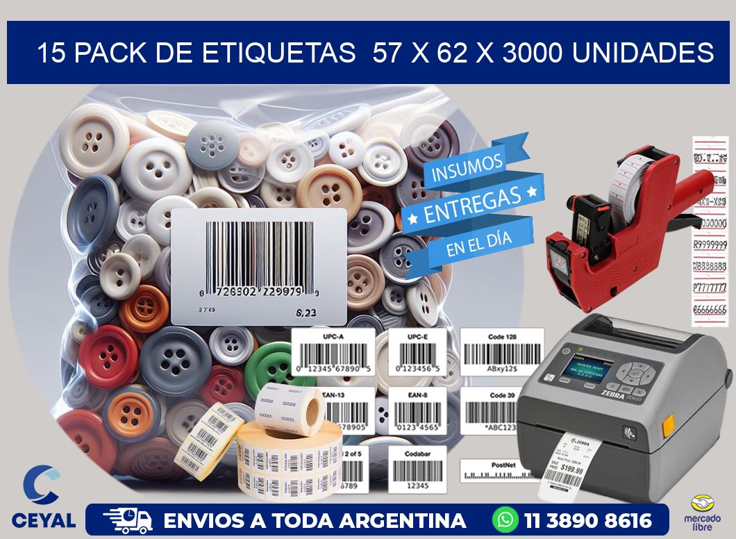 15 PACK DE ETIQUETAS  57 x 62 X 3000 UNIDADES