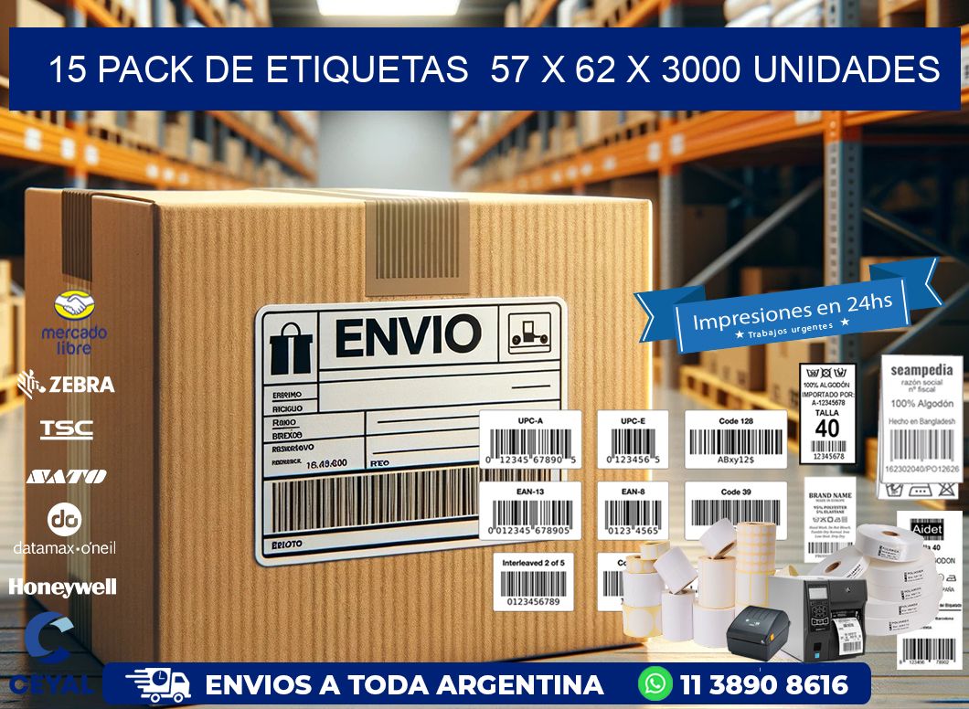 15 PACK DE ETIQUETAS  57 x 62 X 3000 UNIDADES