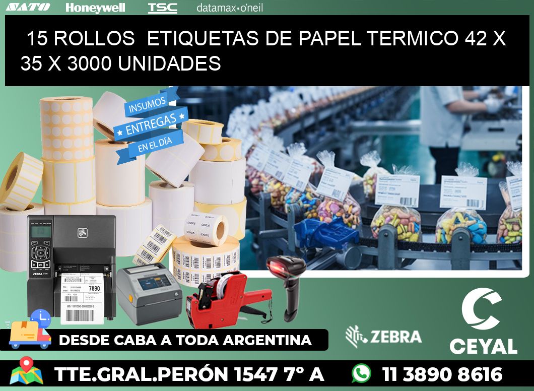 15 ROLLOS  ETIQUETAS DE PAPEL TERMICO 42 x 35 X 3000 UNIDADES