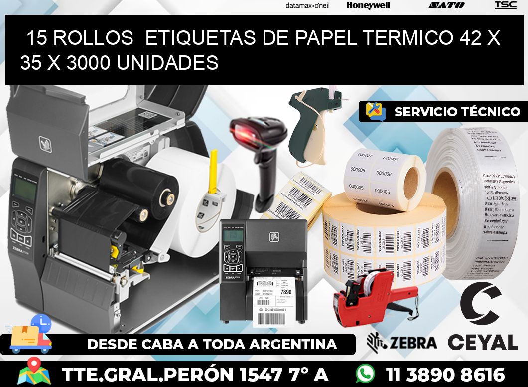 15 ROLLOS  ETIQUETAS DE PAPEL TERMICO 42 x 35 X 3000 UNIDADES