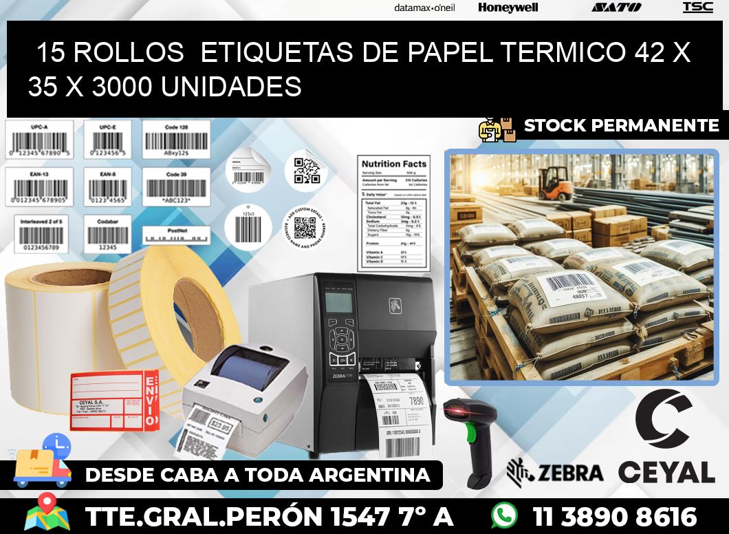 15 ROLLOS  ETIQUETAS DE PAPEL TERMICO 42 x 35 X 3000 UNIDADES