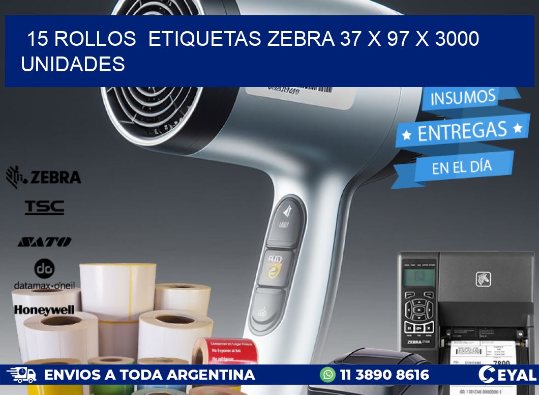 15 ROLLOS  ETIQUETAS ZEBRA 37 x 97 X 3000 UNIDADES