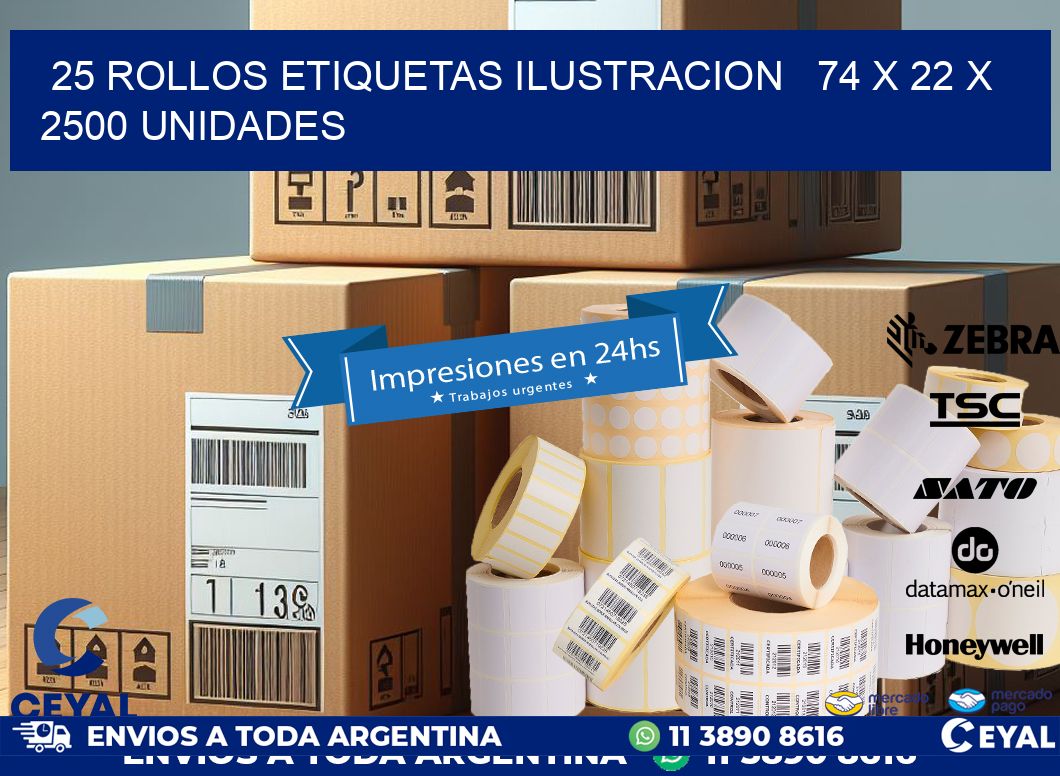 25 ROLLOS ETIQUETAS ILUSTRACION   74 x 22 X 2500 UNIDADES