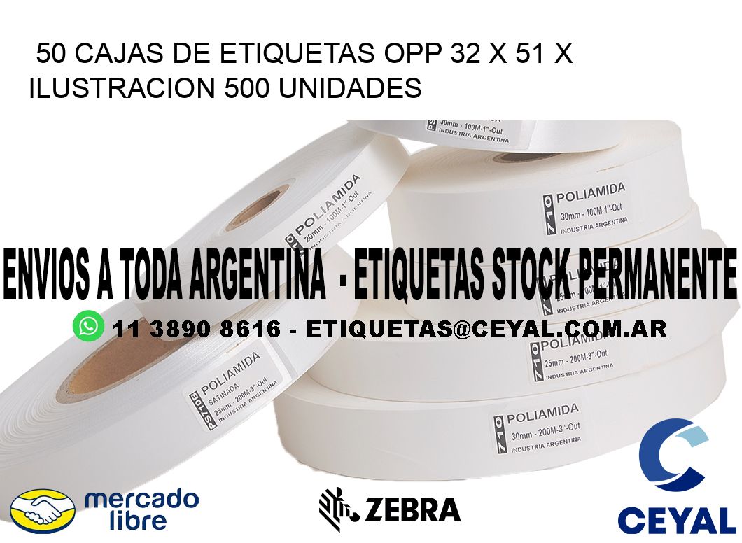 50 CAJAS DE ETIQUETAS OPP 32 x 51 X ILUSTRACION 500 UNIDADES