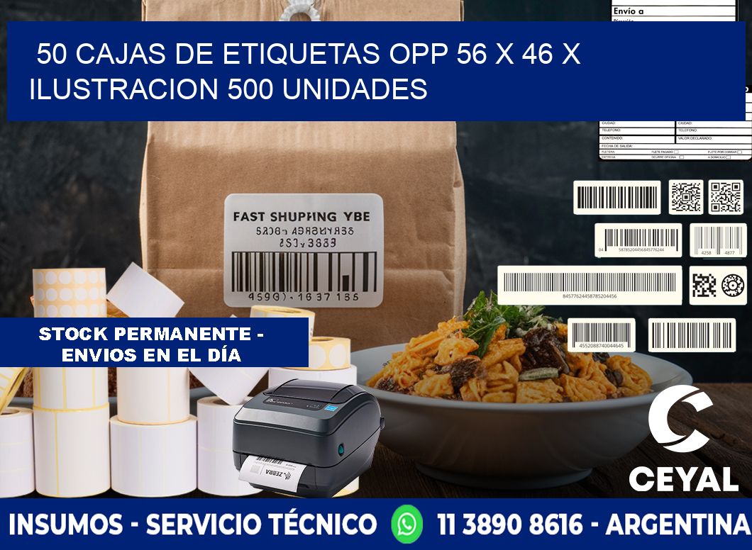50 CAJAS DE ETIQUETAS OPP 56 x 46 X ILUSTRACION 500 UNIDADES