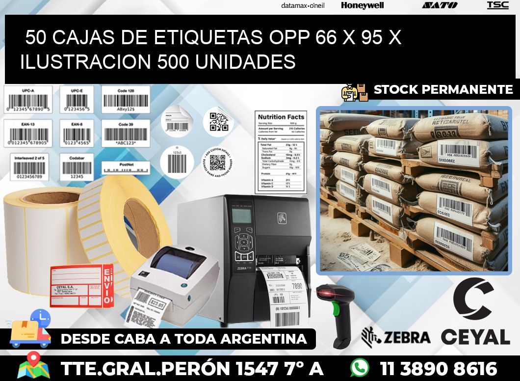 50 CAJAS DE ETIQUETAS OPP 66 x 95 X ILUSTRACION 500 UNIDADES