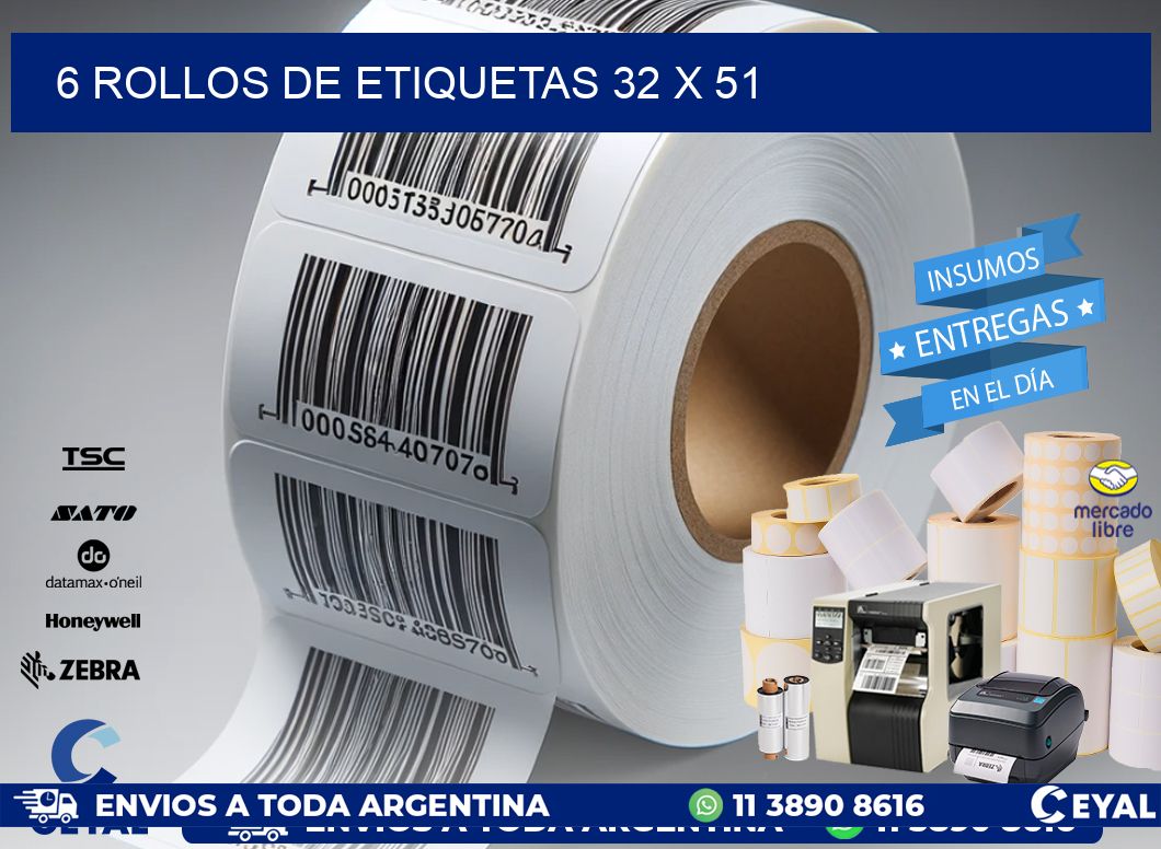 6 ROLLOS DE ETIQUETAS 32 x 51