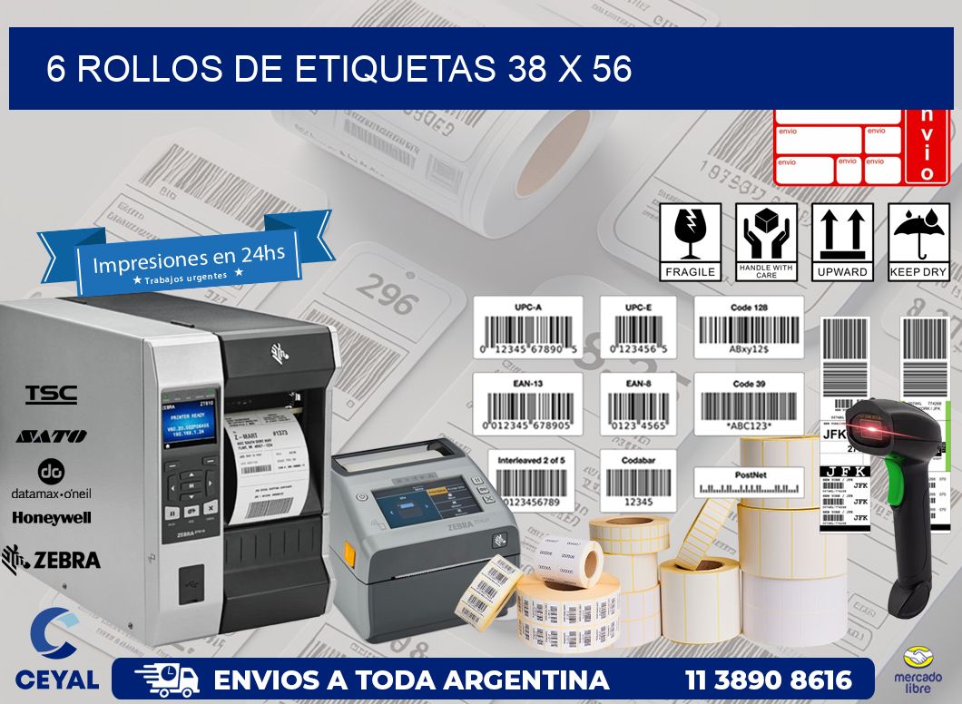 6 ROLLOS DE ETIQUETAS 38 x 56