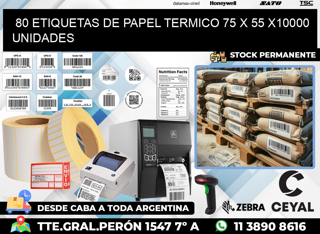 80 ETIQUETAS DE PAPEL TERMICO 75 x 55 X10000 UNIDADES