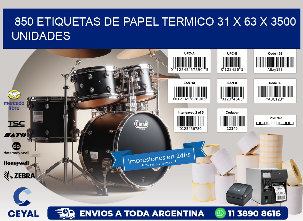 850 ETIQUETAS DE PAPEL TERMICO 31 x 63 X 3500 UNIDADES