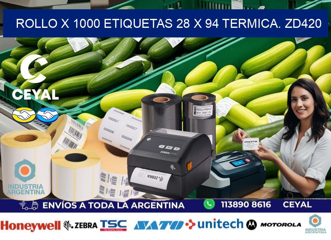 Rollo X 1000 etiquetas 28 x 94 termica. zd420