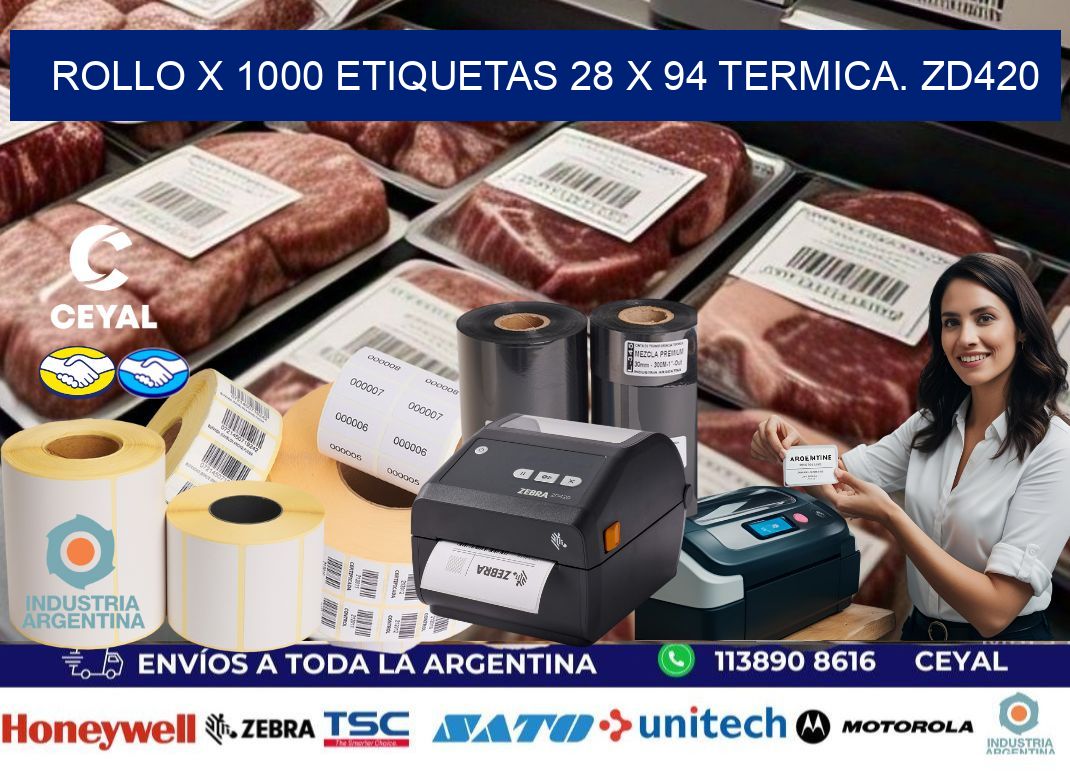 Rollo X 1000 etiquetas 28 x 94 termica. zd420