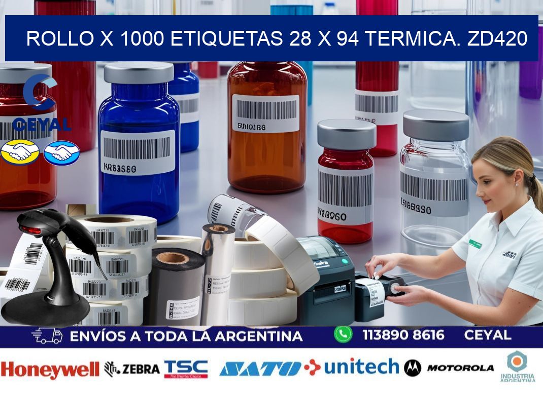 Rollo X 1000 etiquetas 28 x 94 termica. zd420
