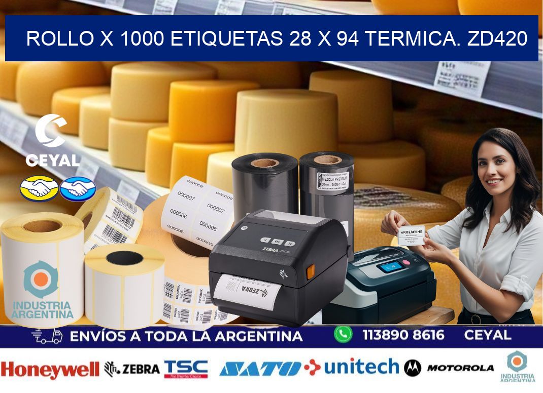 Rollo X 1000 etiquetas 28 x 94 termica. zd420