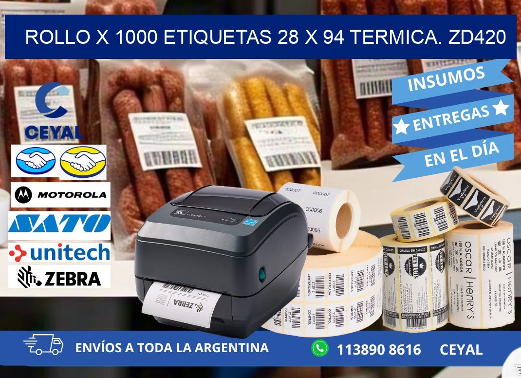 Rollo X 1000 etiquetas 28 x 94 termica. zd420