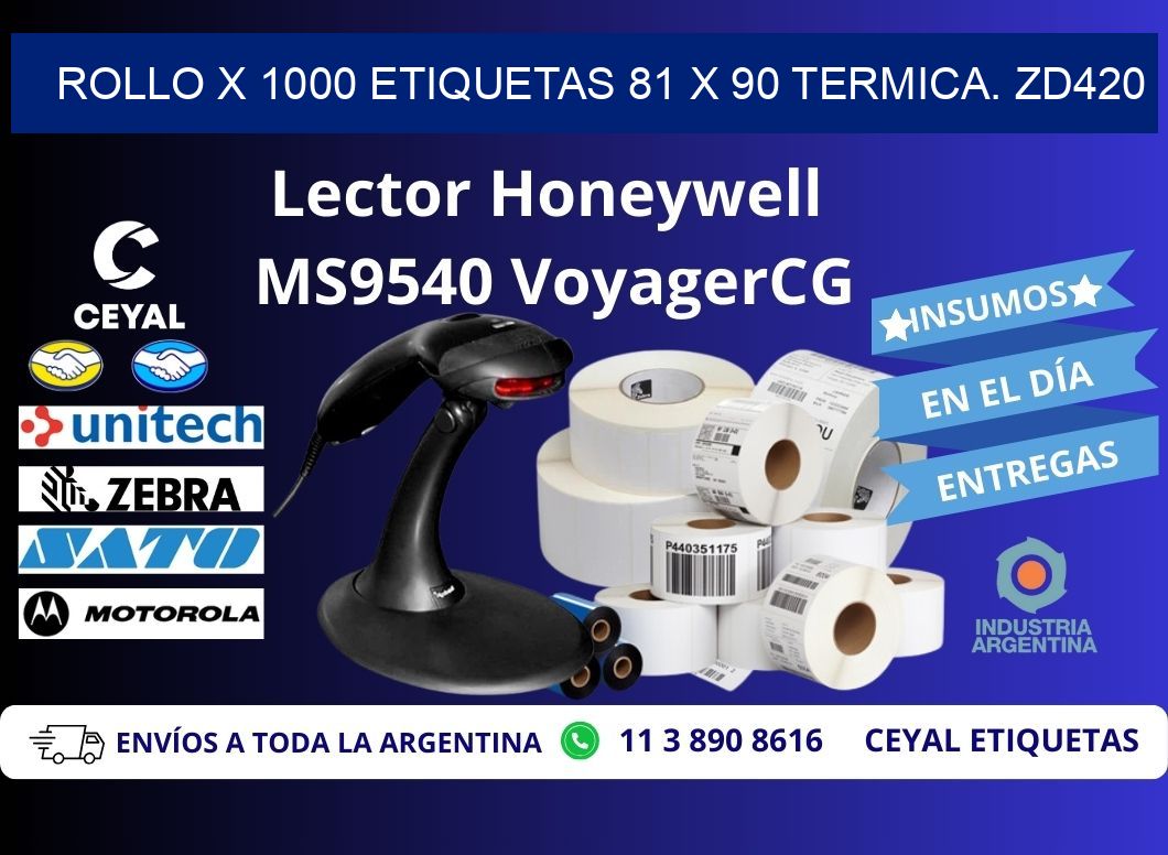 Rollo X 1000 etiquetas 81 x 90 termica. zd420