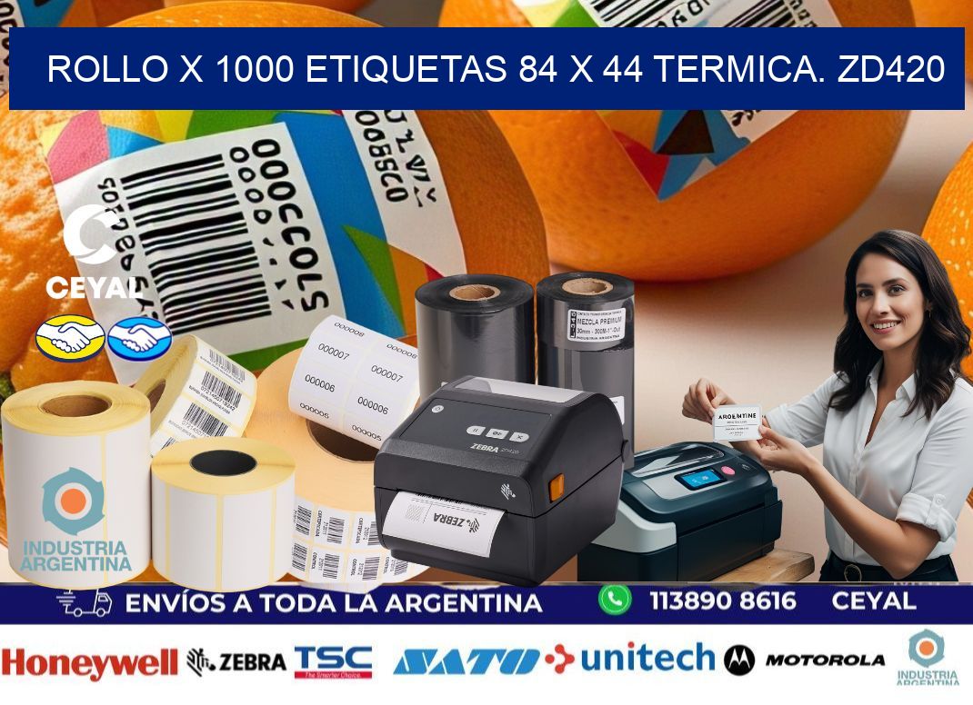 Rollo X 1000 etiquetas 84 x 44 termica. zd420