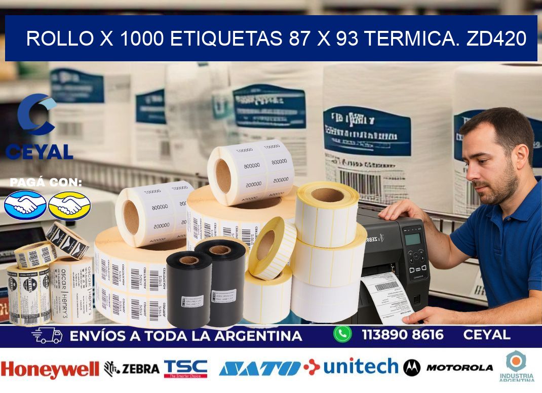 Rollo X 1000 etiquetas 87 x 93 termica. zd420