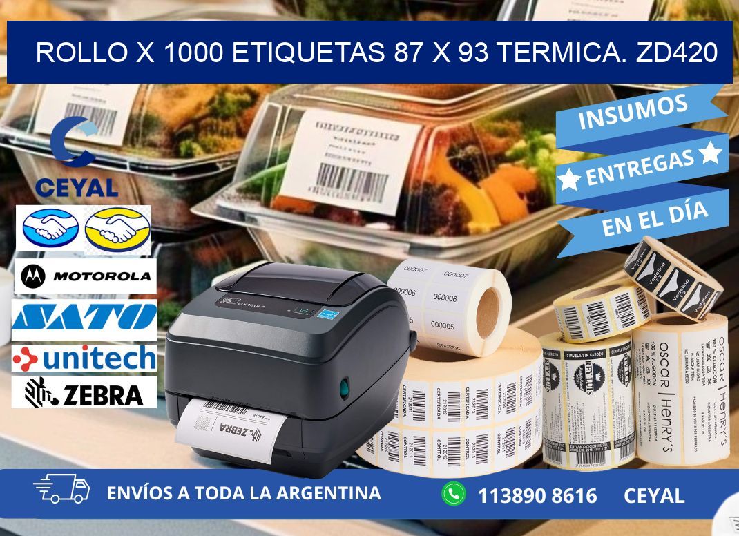 Rollo X 1000 etiquetas 87 x 93 termica. zd420