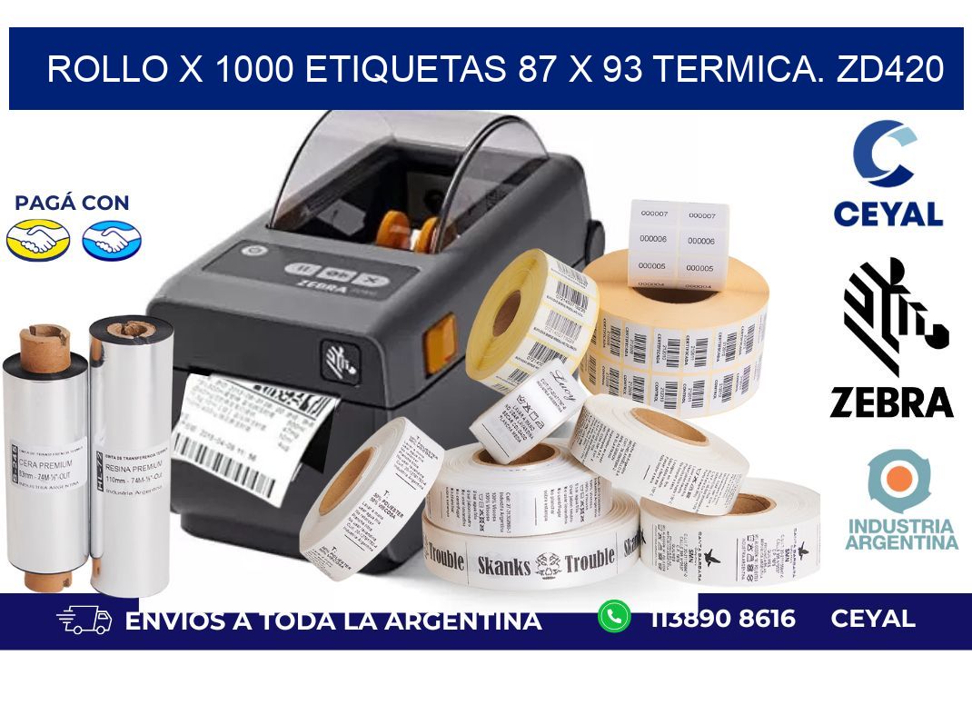 Rollo X 1000 etiquetas 87 x 93 termica. zd420