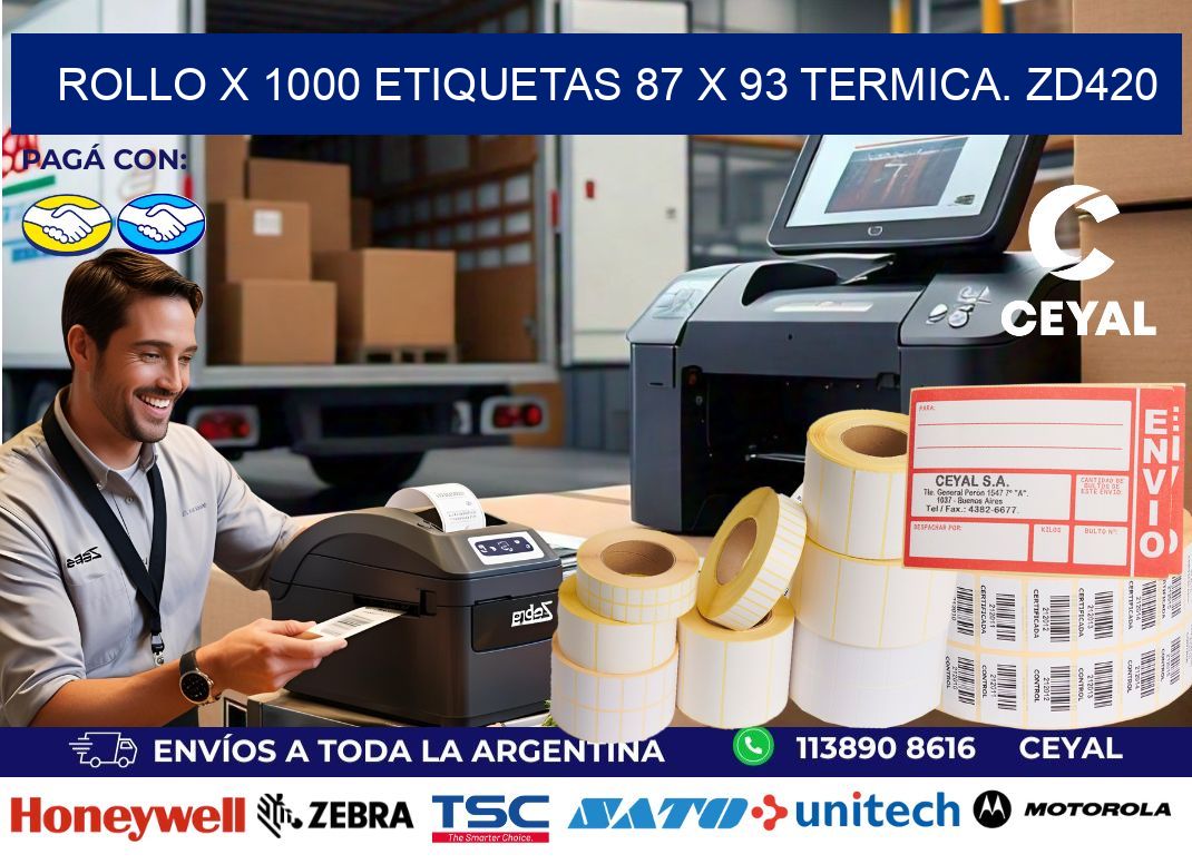 Rollo X 1000 etiquetas 87 x 93 termica. zd420