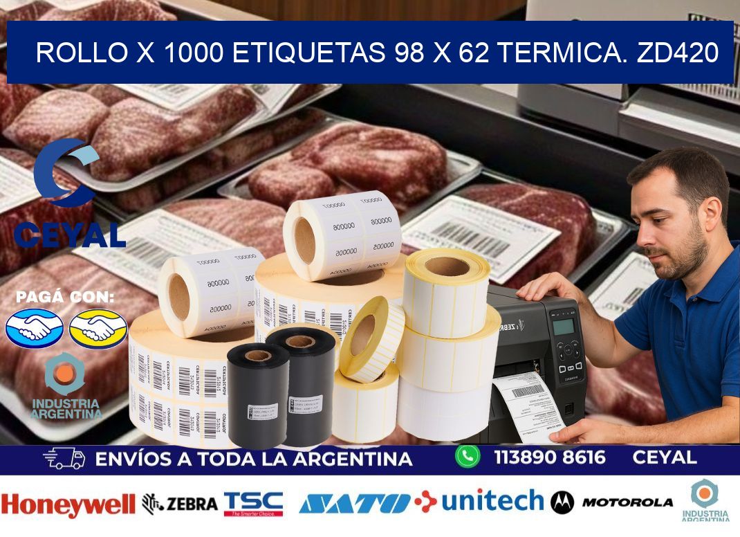 Rollo X 1000 etiquetas 98 x 62 termica. zd420
