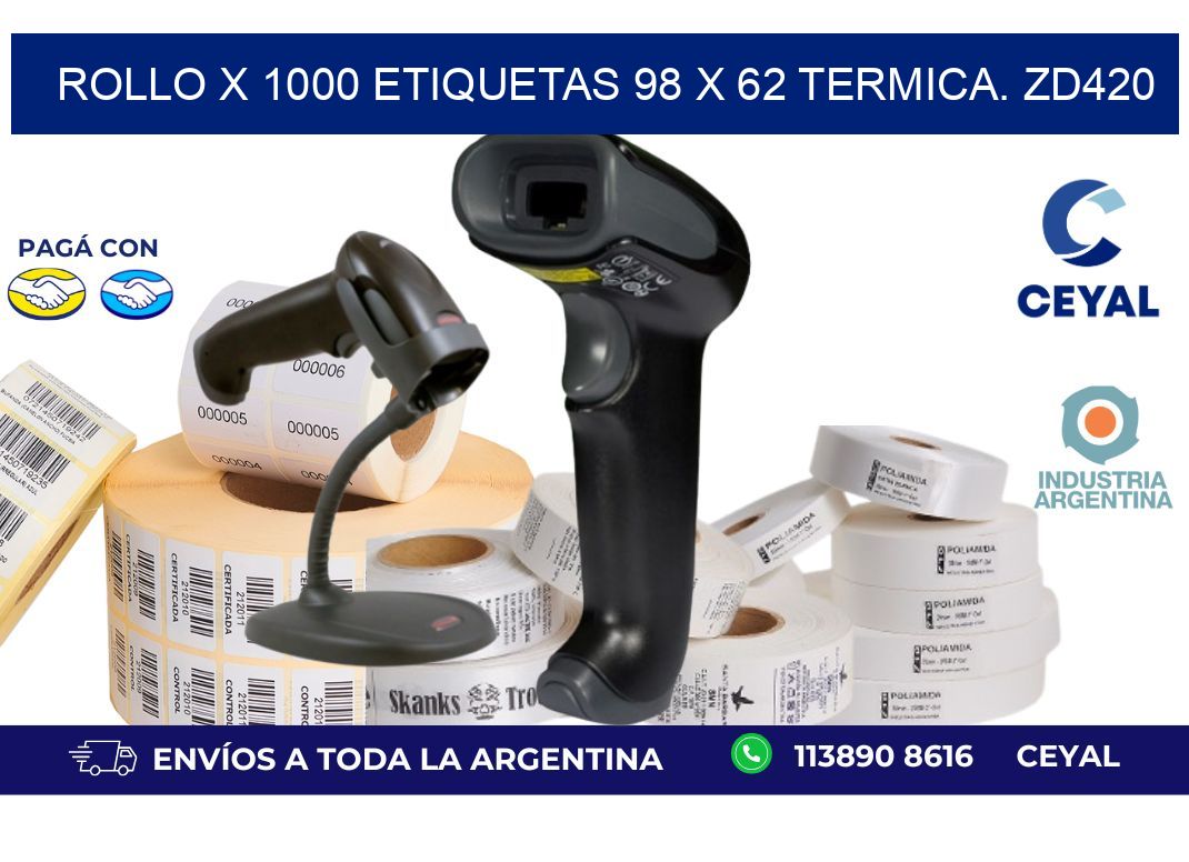 Rollo X 1000 etiquetas 98 x 62 termica. zd420