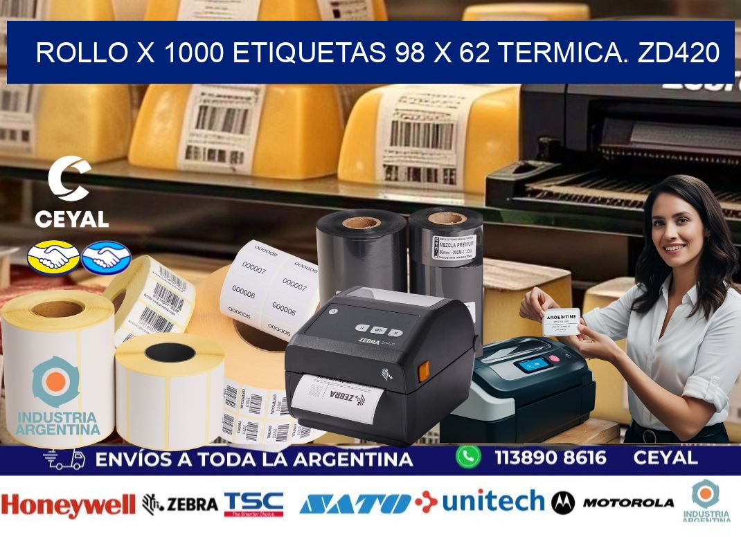 Rollo X 1000 etiquetas 98 x 62 termica. zd420