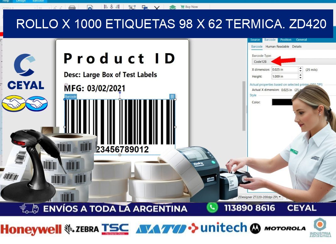 Rollo X 1000 etiquetas 98 x 62 termica. zd420