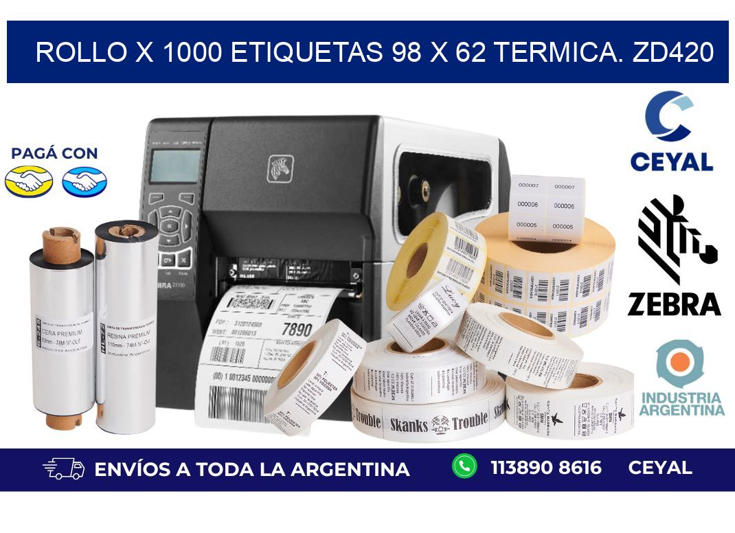 Rollo X 1000 etiquetas 98 x 62 termica. zd420